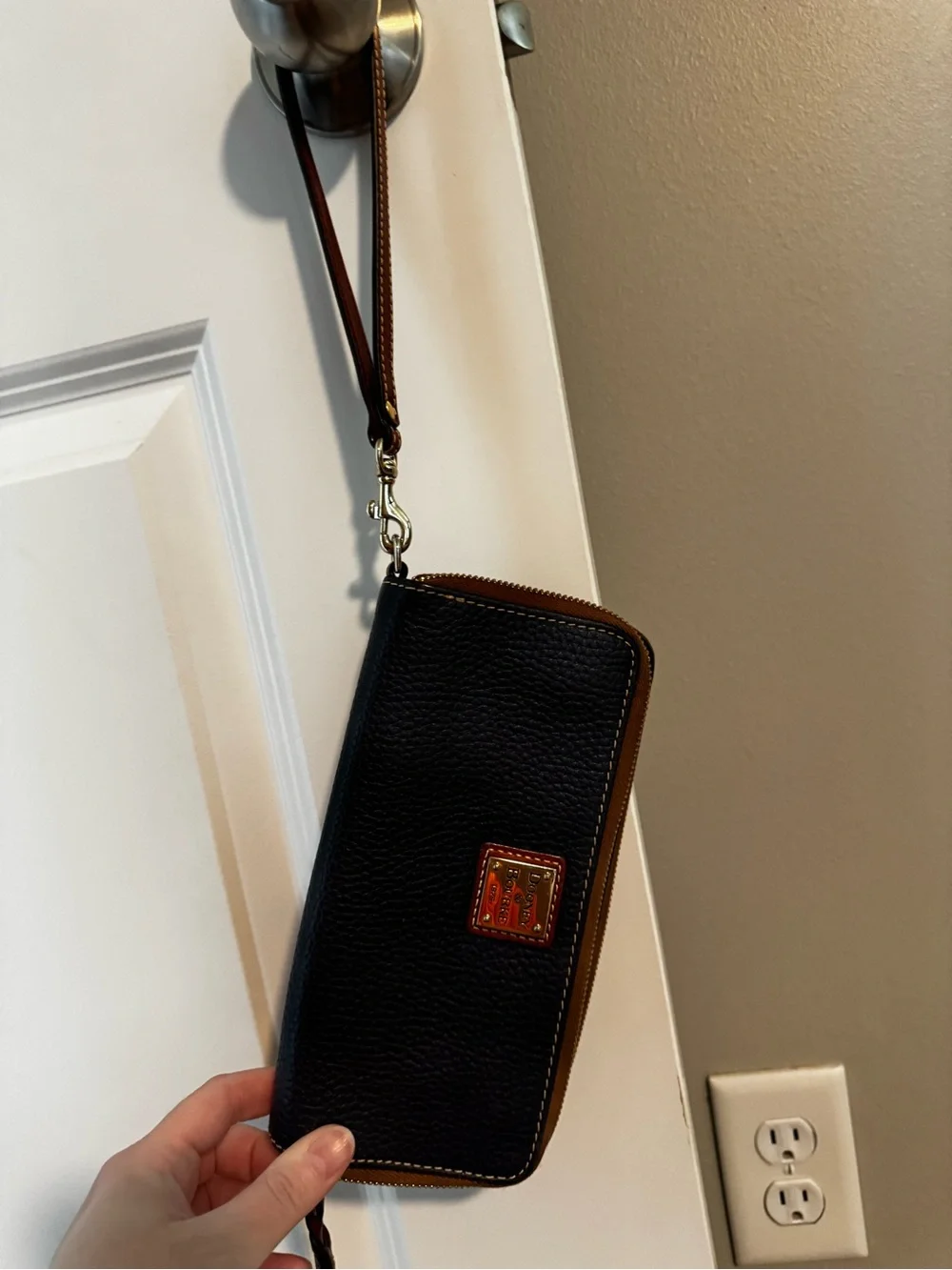 Dooney & Bourke Navy Pebbled Leather Zip Wristlet with Brown Trim
